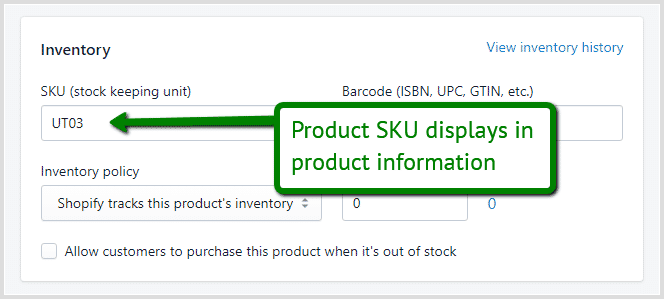 Shopify product sku