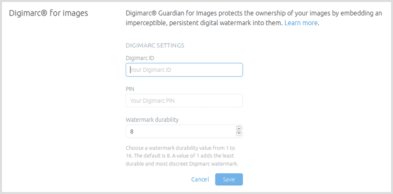 Form screenshot to connect your Digimarc account with your Sirv account