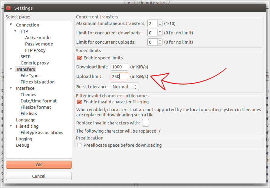 Settings screenshot to throttle FileZilla upload speed