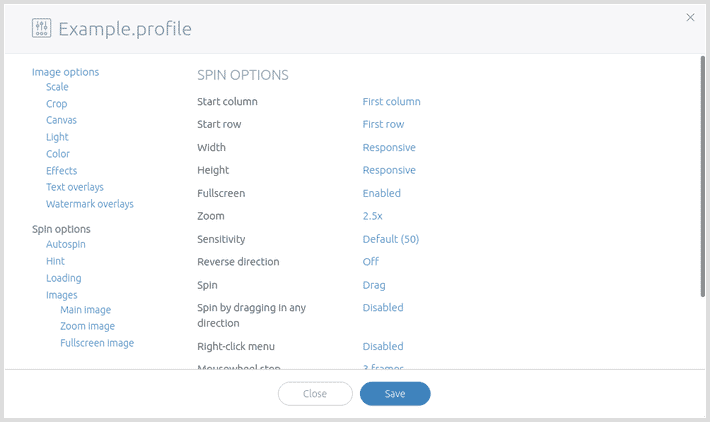 Screenshot: 360 spin settings