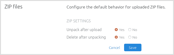 Settings screenshot to unpack zip files on upload